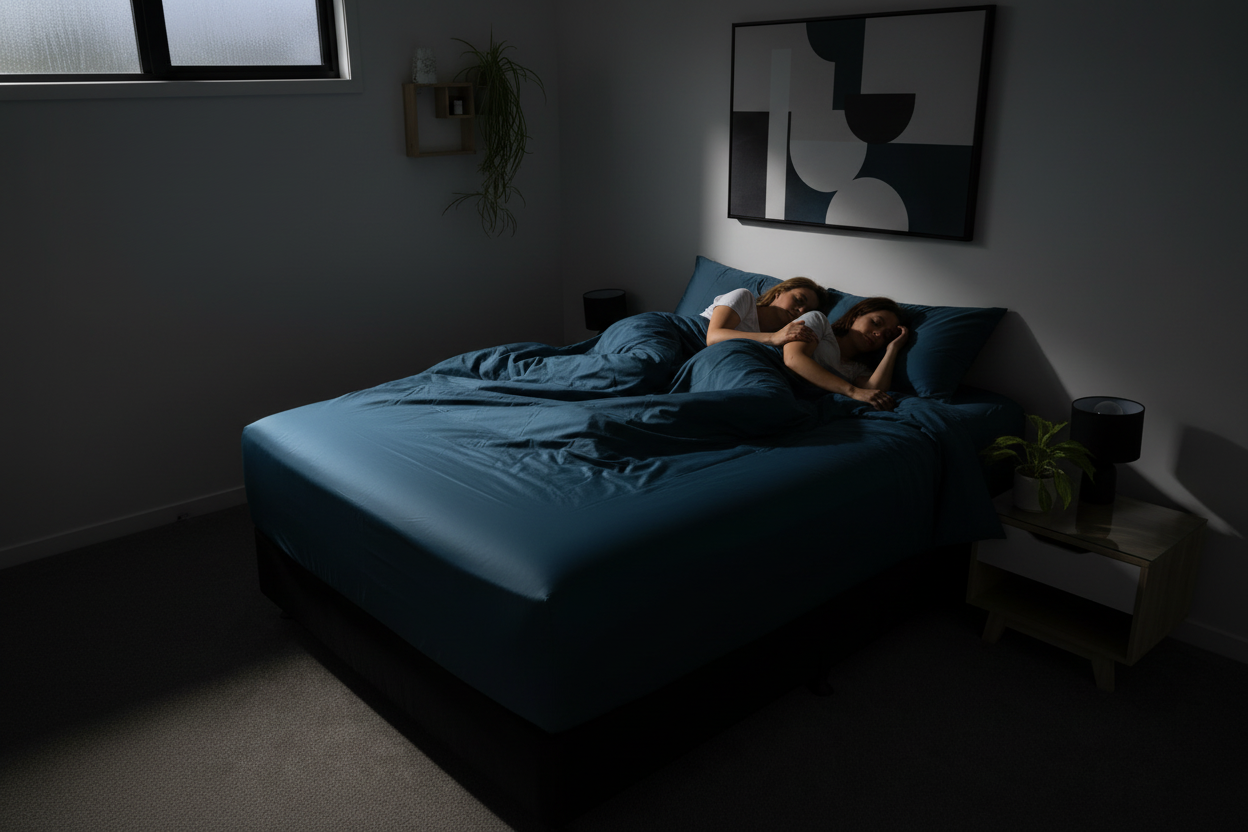Couple asleep in teal bedding at nighttime