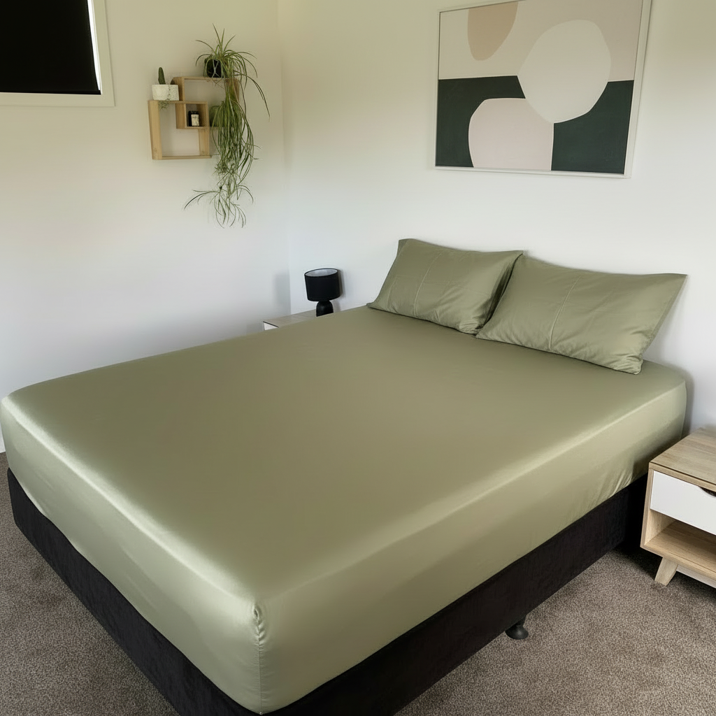 Sage green bedding with black base and wall art